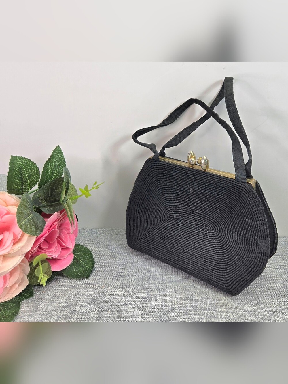 Vintage MCM Art Deco Blackโ Corde Embroidered Evening Bag Kiss Closure Gold Seal